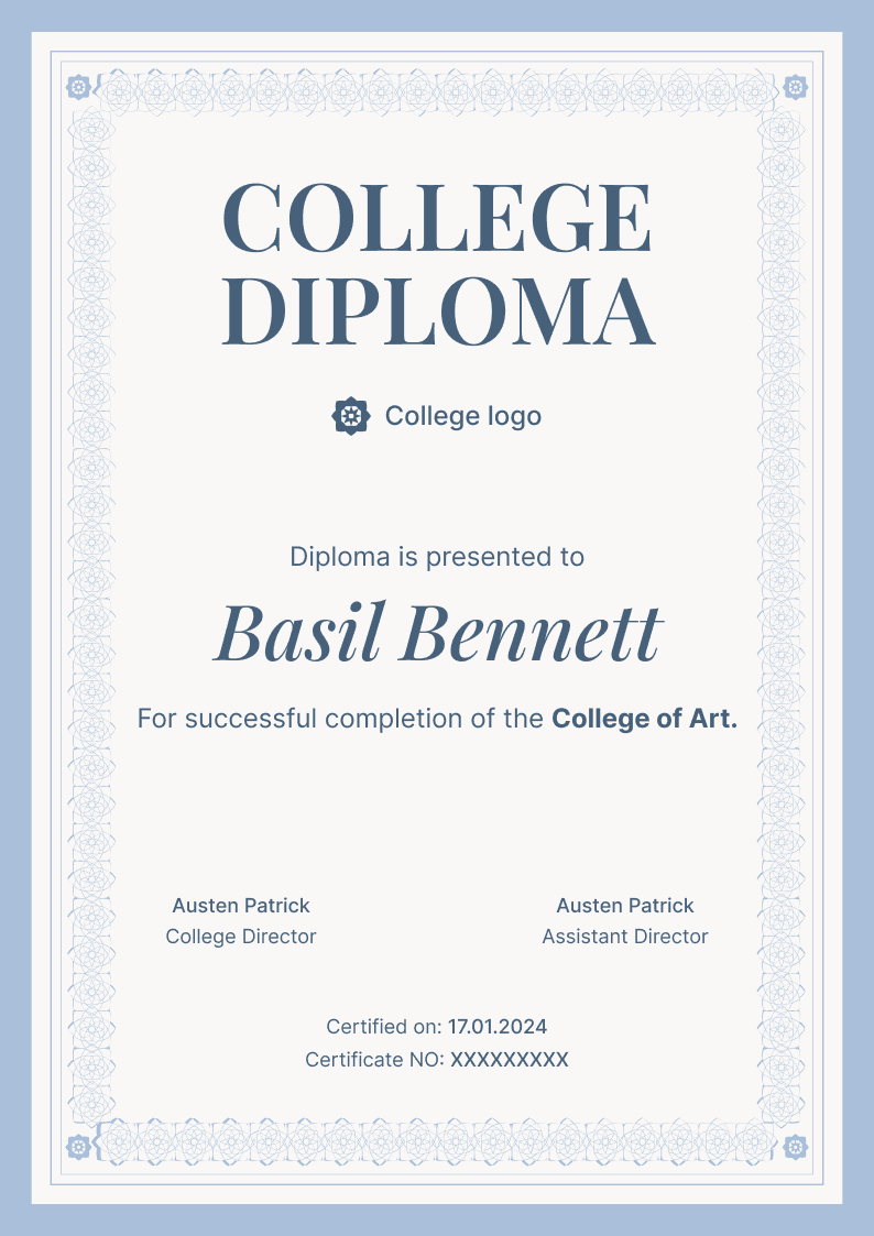 Traditional and formal college diploma template Traditional and formal college diploma template