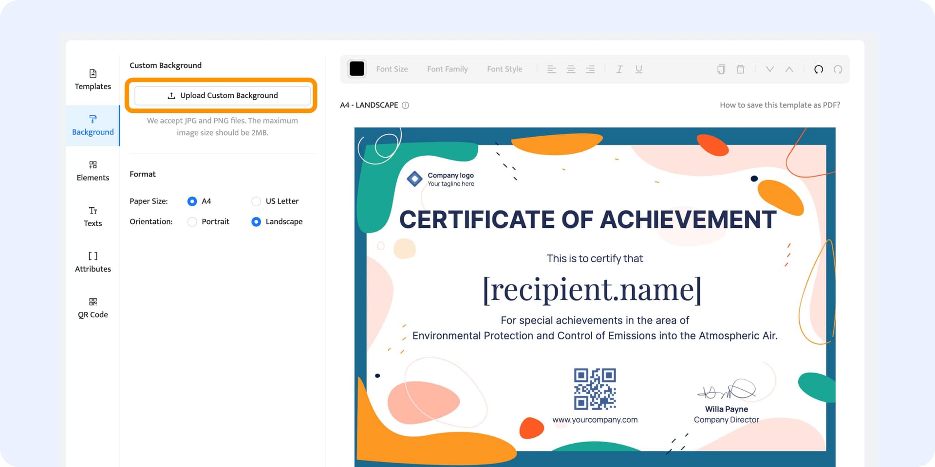 Uploading custom background to the Certifier certificate designer. Uploading custom background to the Certifier certificate designer.