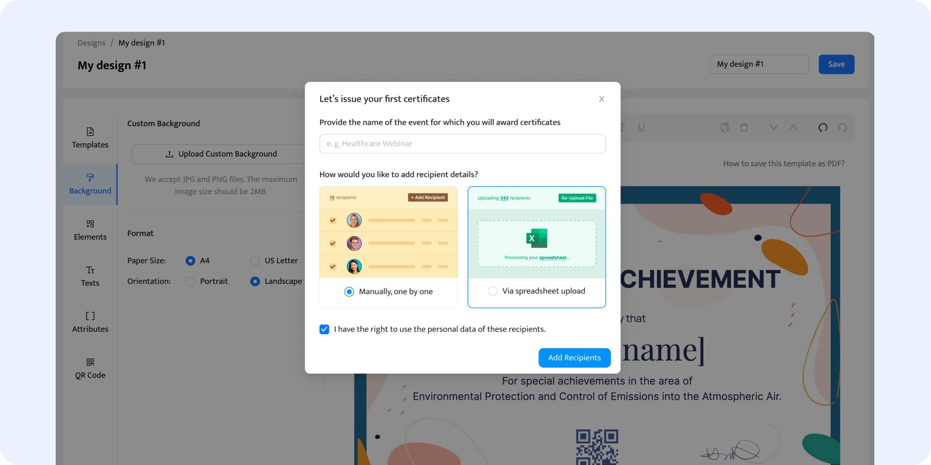 Uploading the recipients data to the Certifier dashboard. Uploading the recipients data to the Certifier dashboard.