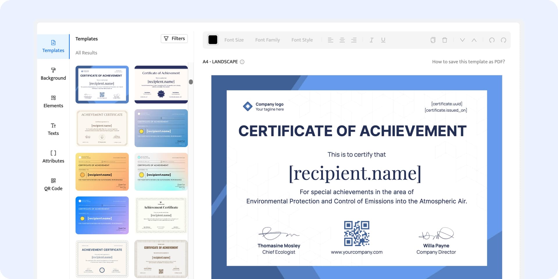 Choosing the certificate layout from the templates available. Choosing the certificate layout from the templates available.
