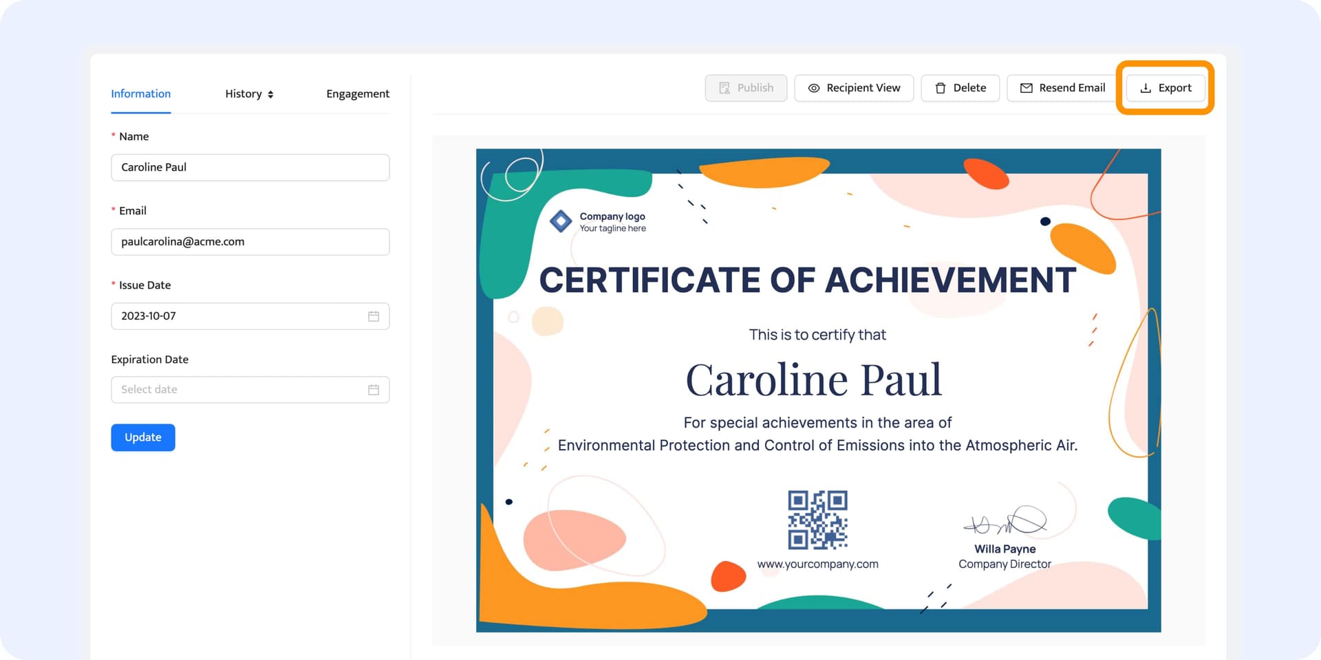 Exporting the certificate template from the recipient's wallet. Exporting the certificate template from the recipient's wallet.