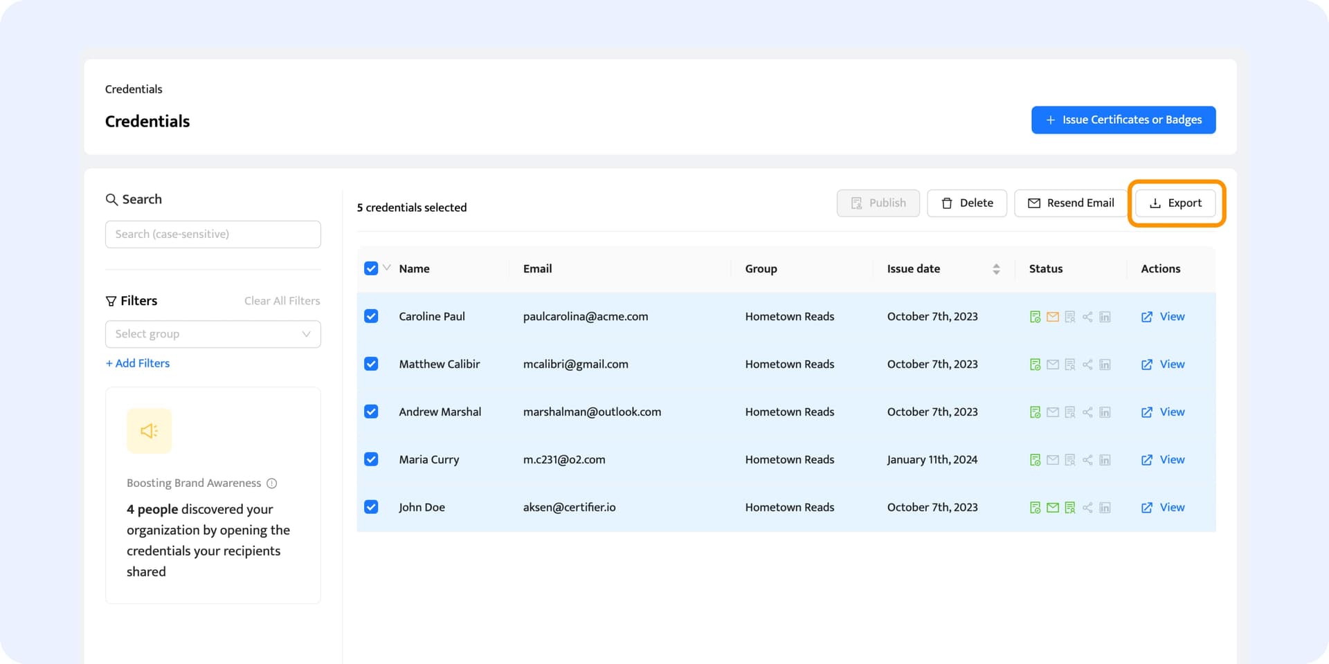Bulk export in the Certifier dashboard. Bulk export in the Certifier dashboard.