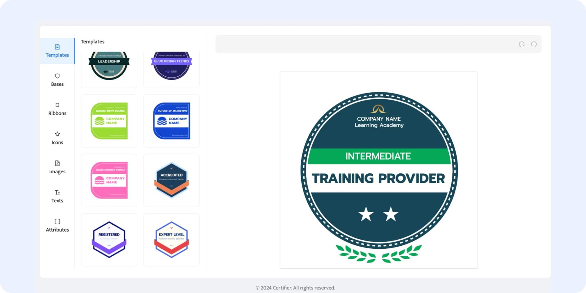 Choosing the badge template in the Certifier library. Choosing the badge template in the Certifier library.
