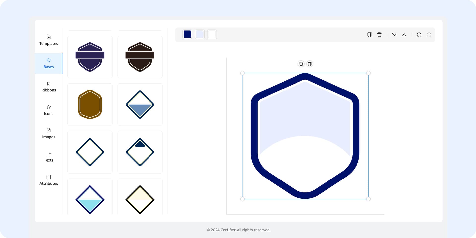 Choosing the badge base in the Certifier builder. Choosing the badge base in the Certifier builder.