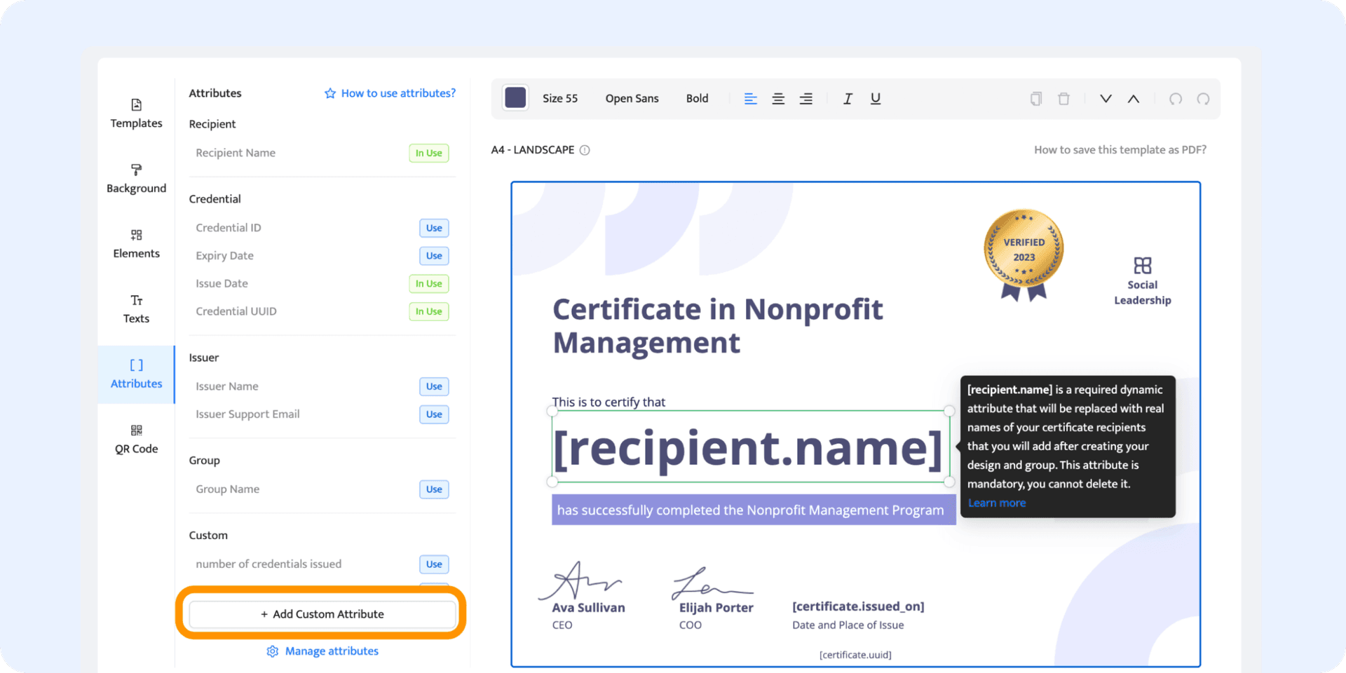 Adding custom attributes to the certificate to generate it easily. Adding custom attributes to the certificate to generate it easily.
