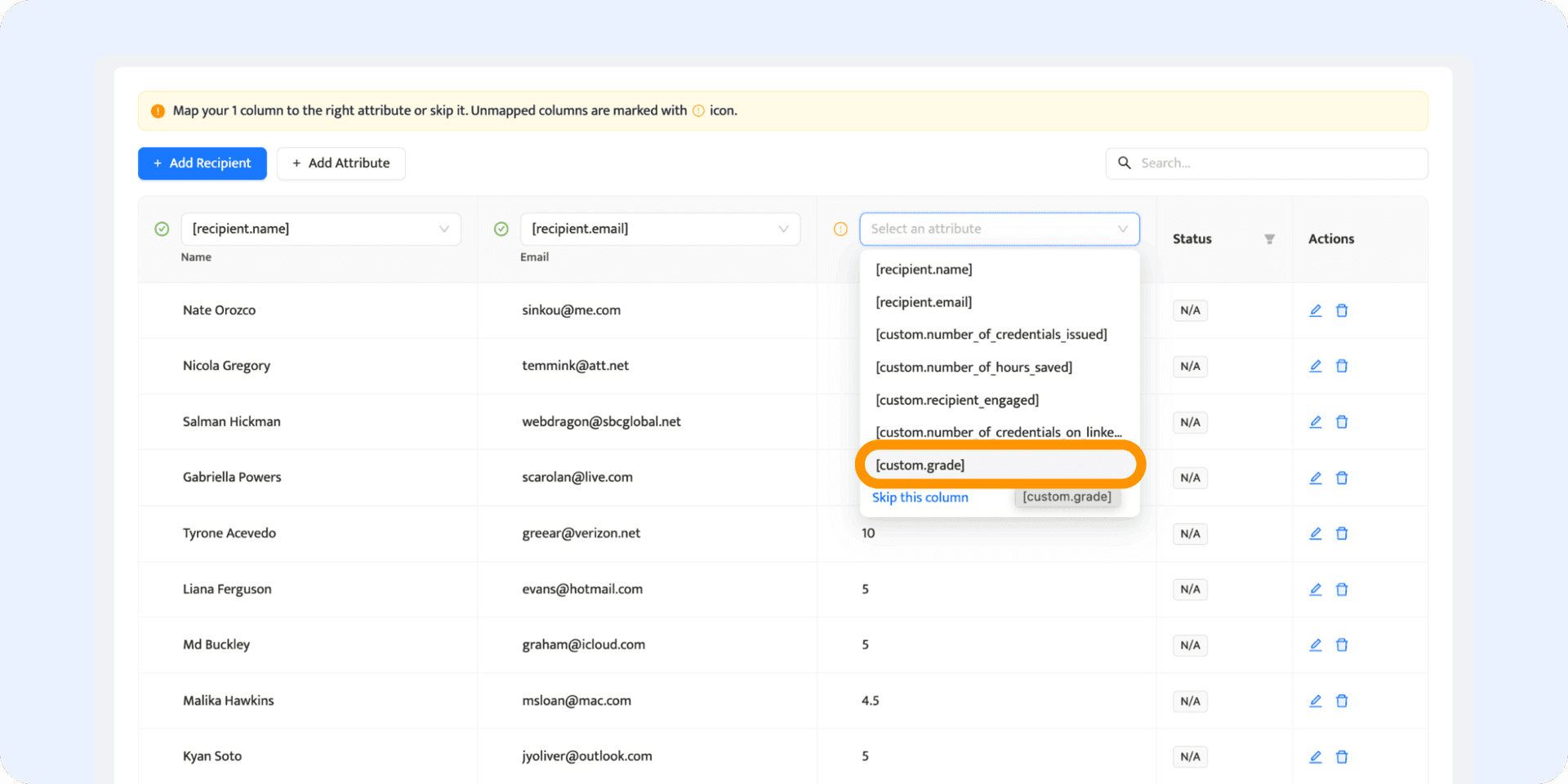 Mapping the certificate attributes with the spreadsheet data. Mapping the certificate attributes with the spreadsheet data.