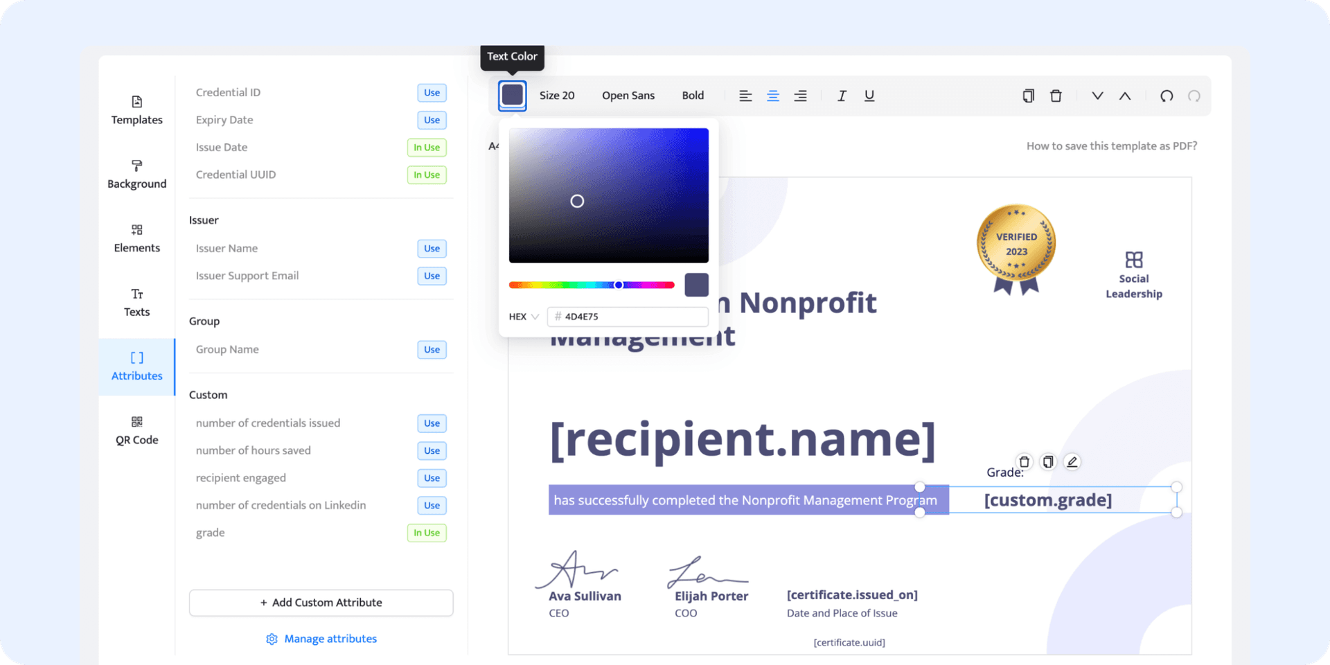 Customizing the certificate template to fit branding. Customizing the certificate template to fit branding.