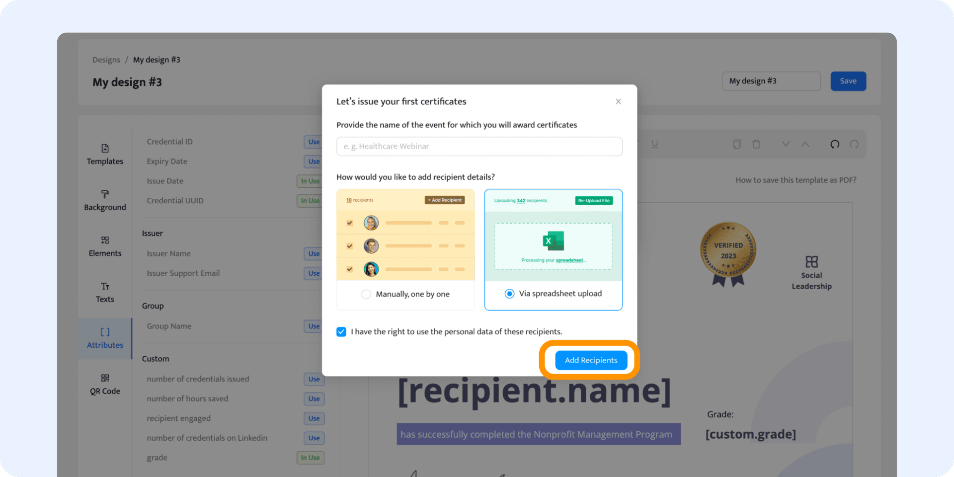 Uploading the spreadsheet to the Certifier dashboard. Uploading the spreadsheet to the Certifier dashboard.