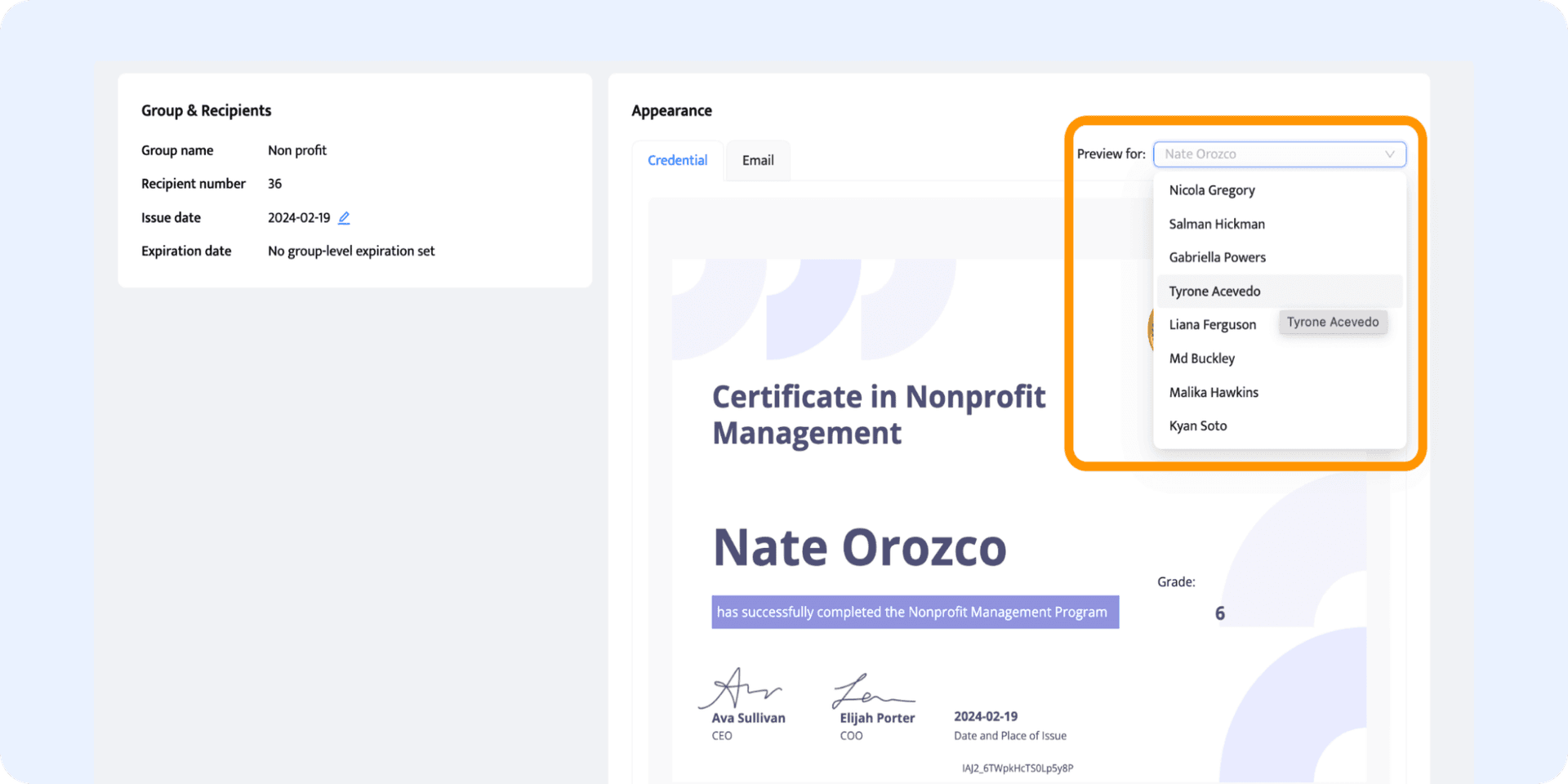 Previewing the certificates before sending them out. Previewing the certificates before sending them out.