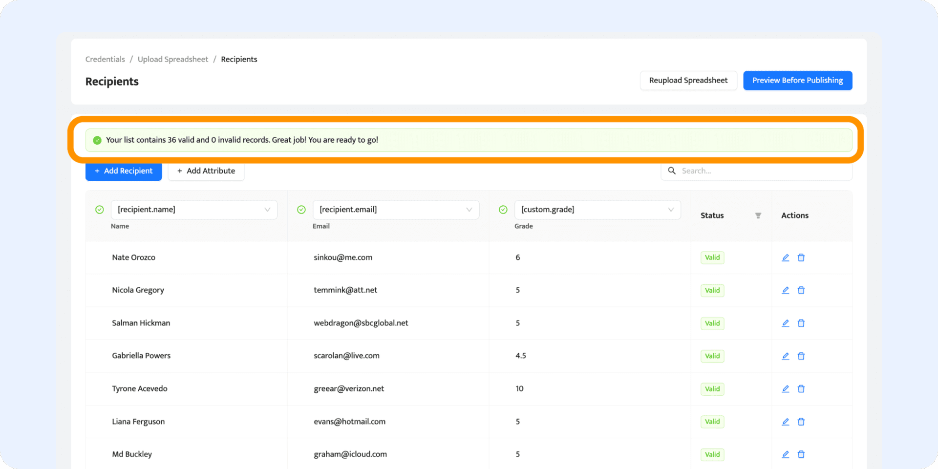 The green notification within the Certifier dashboard that shows that recipients' details don't have errors. The green notification within the Certifier dashboard that shows that recipients' details don't have errors.