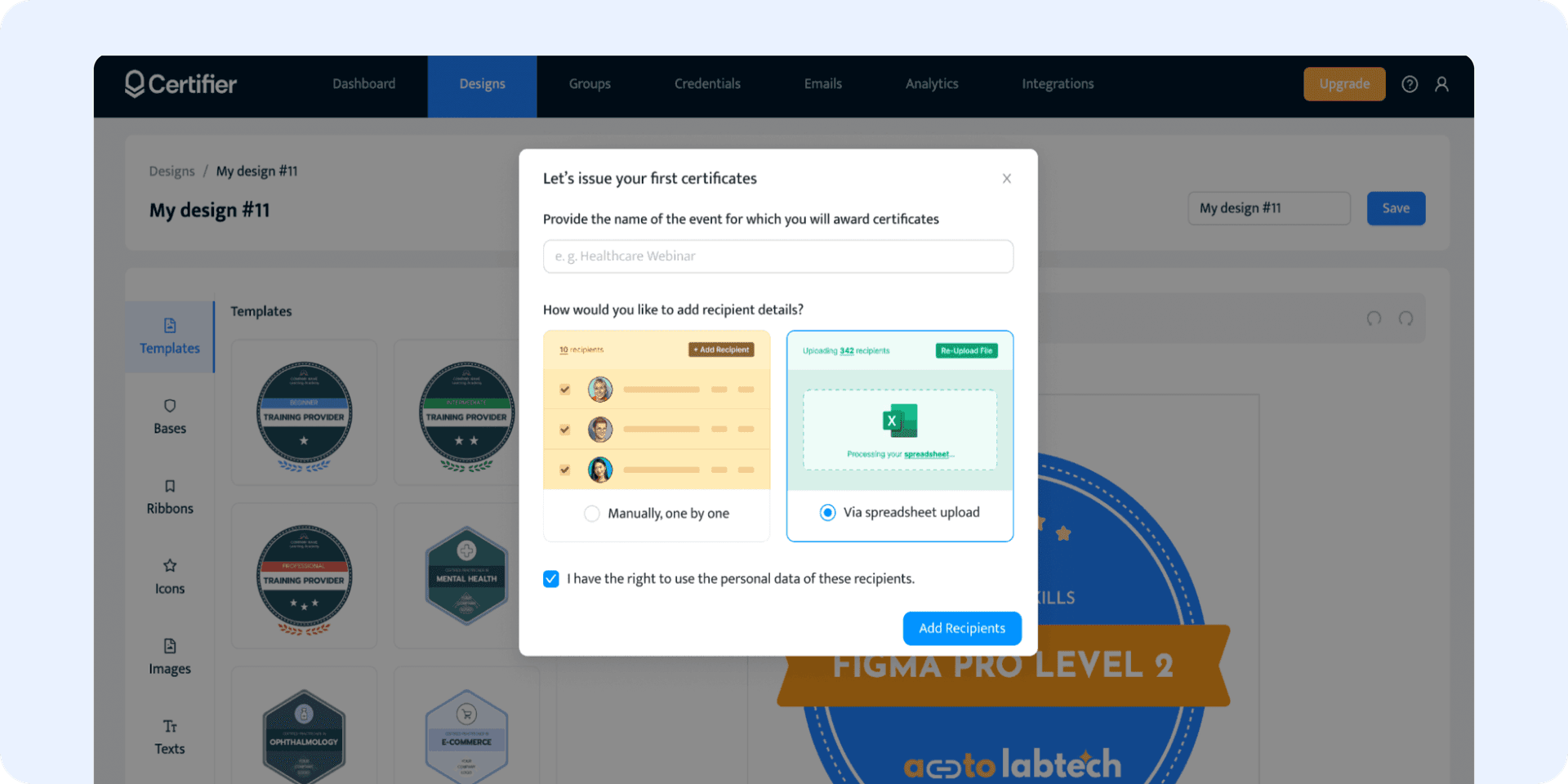 Uploading the recipients' data via Certifier. Uploading the recipients' data via Certifier.