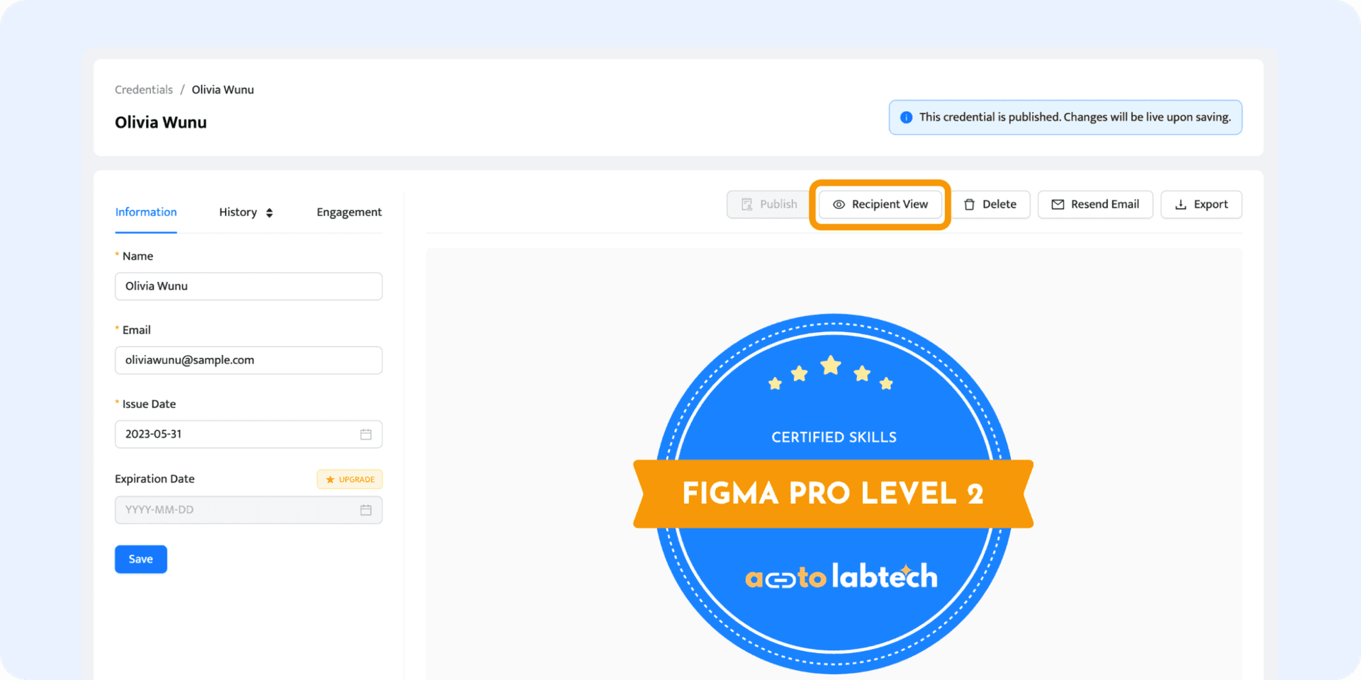 Going to the Recipient View to download the badge to PNG. Going to the Recipient View to download the badge to PNG.