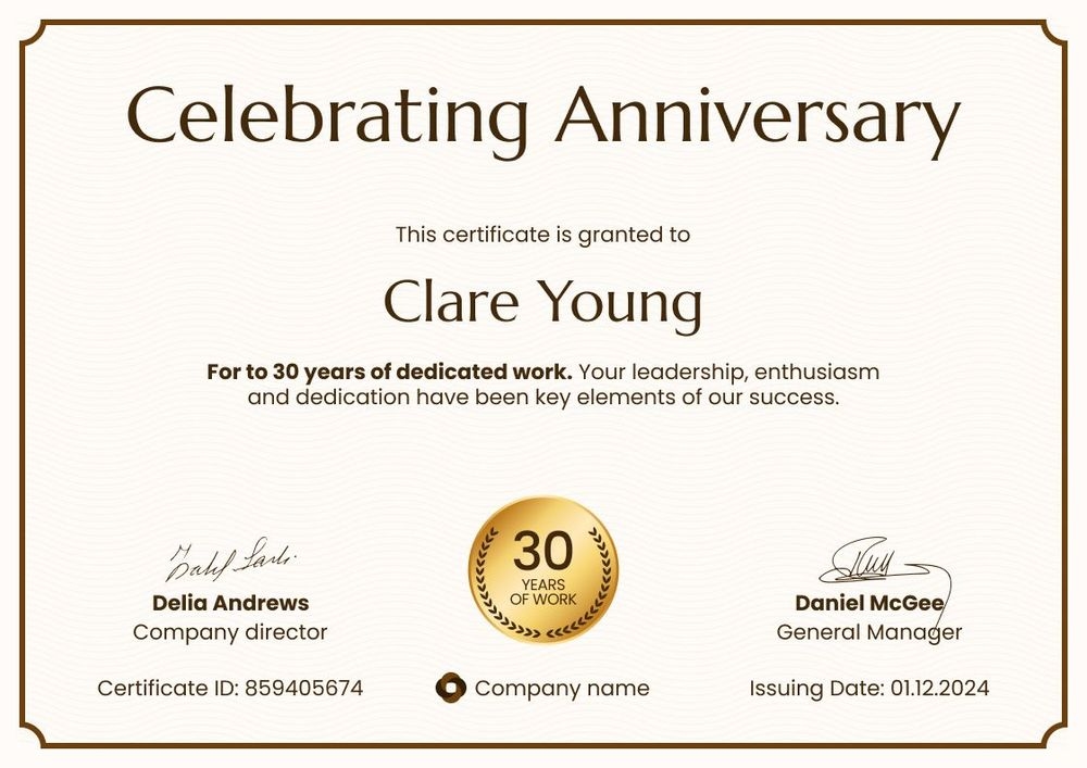 Formal and editable work anniversary certificate template landscape Formal and editable work anniversary certificate template landscape
