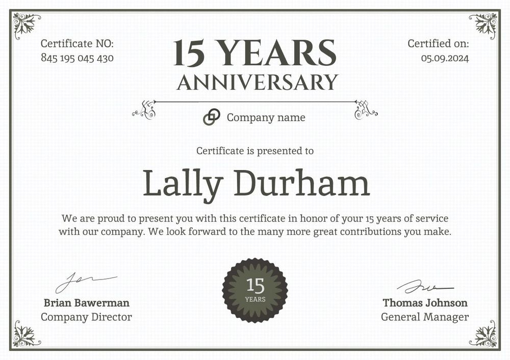 Simple and ornamental work anniversary certificate template landscape Simple and ornamental work anniversary certificate template landscape
