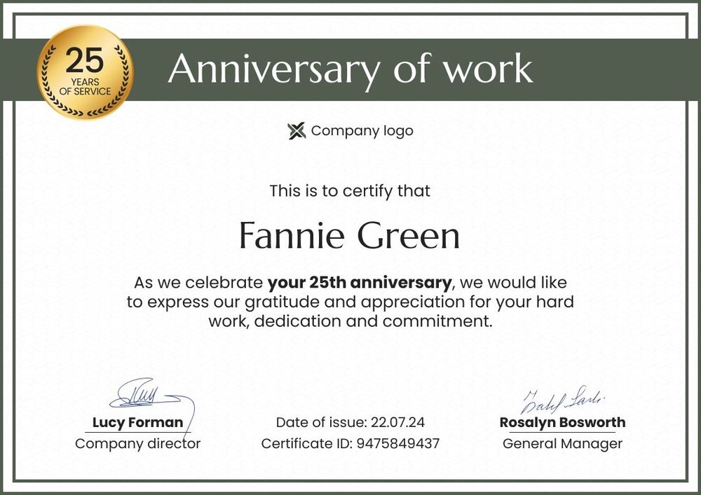 Contemporary and professional work anniversary certificate template landscape Contemporary and professional work anniversary certificate template landscape