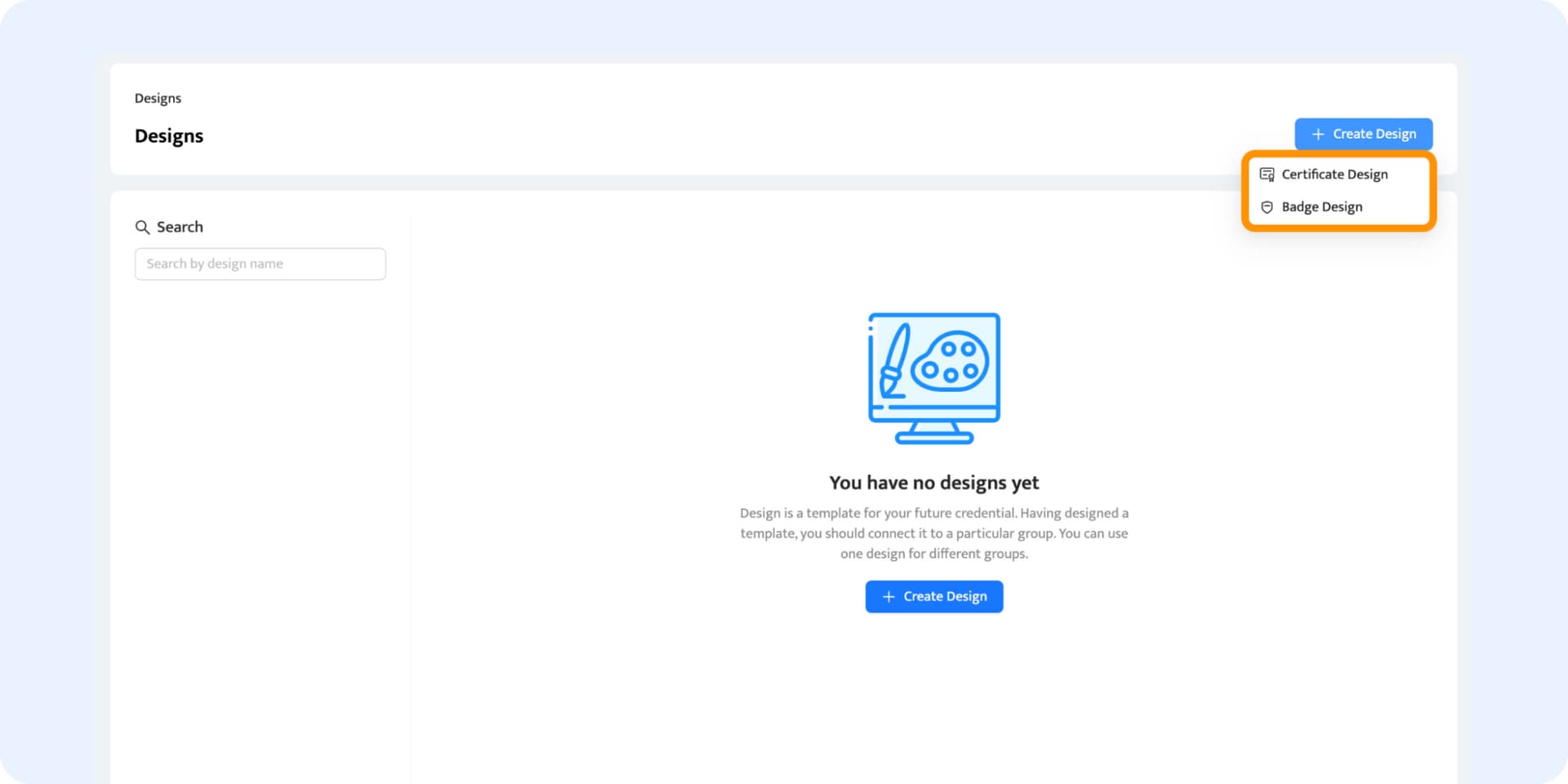 Creating a new certificate design in the Certifier design builder. Creating a new certificate design in the Certifier design builder.