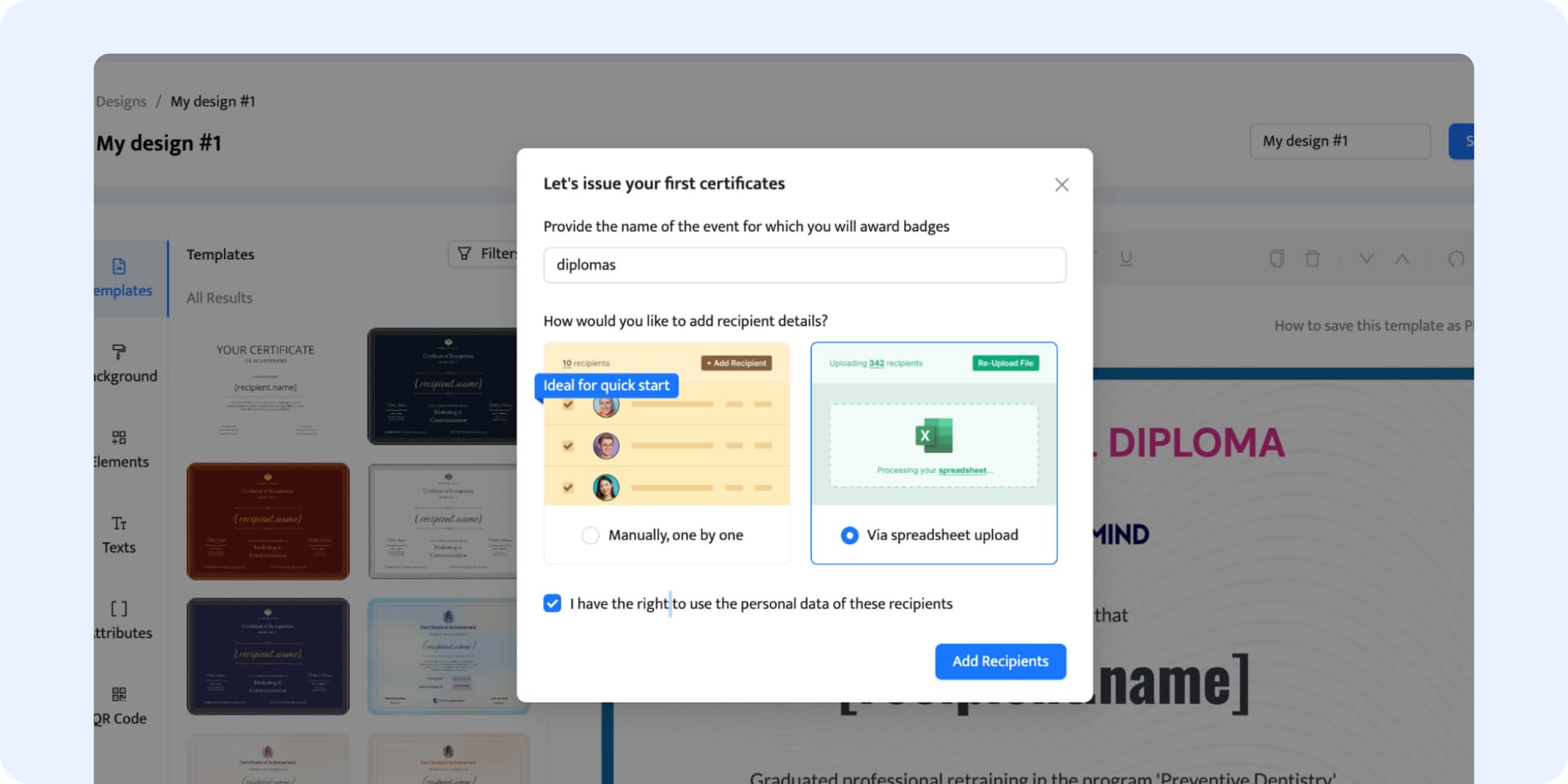 The window to upload recipients' data via spreadsheet or manually. The window to upload recipients' data via spreadsheet or manually.