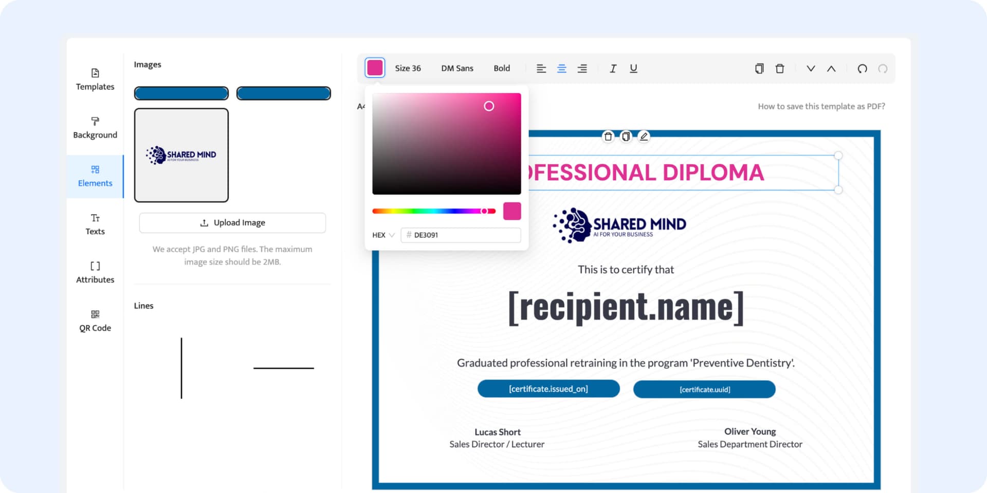 Customizing certificate details via design builder. Customizing certificate details via design builder.