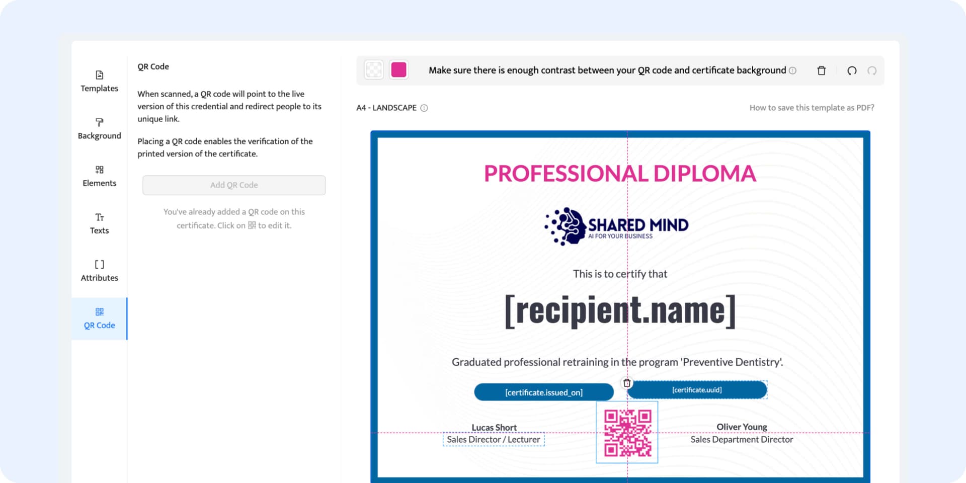 The QR code tab to generate qr codes for each certificate design individually. The QR code tab to generate qr codes for each certificate design individually.