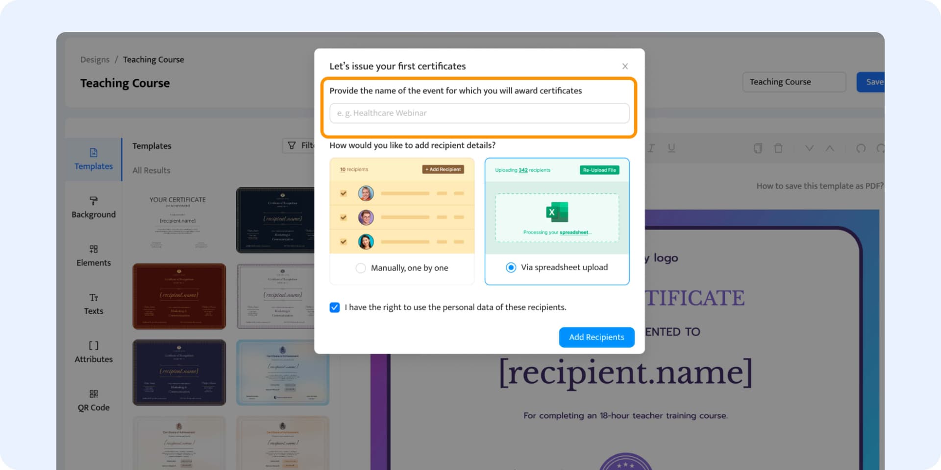 Uploading recipients' data to automate the process of certificate generation. Uploading recipients' data to automate the process of certificate generation.