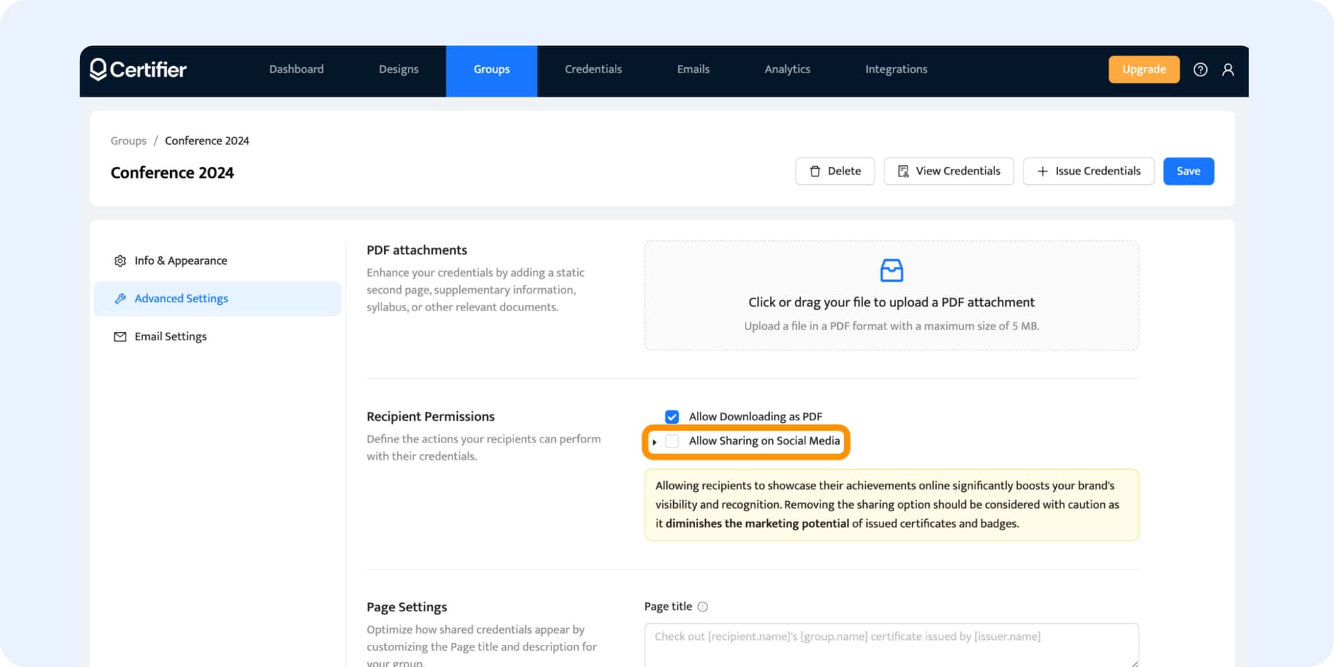 Deactivating the option to share credentials on social media. Deactivating the option to share credentials on social media.