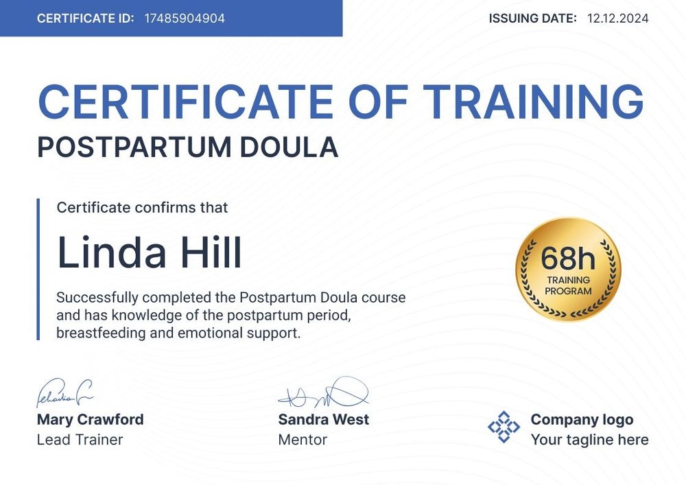 Modern and professional doula certificate template landscape Modern and professional doula certificate template landscape