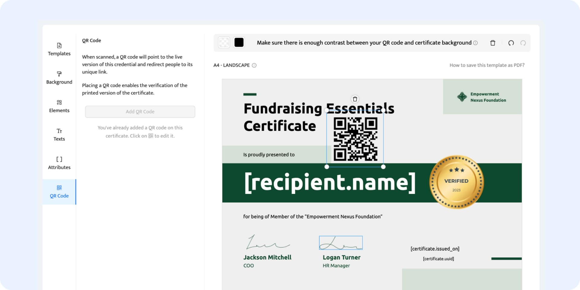 Adding a QR code to the certificate as an update. Adding a QR code to the certificate as an update.