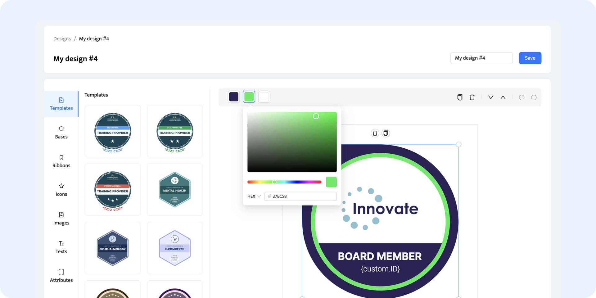 Changing the color and adjusting the design of digital badges. Changing the color and adjusting the design of digital badges.