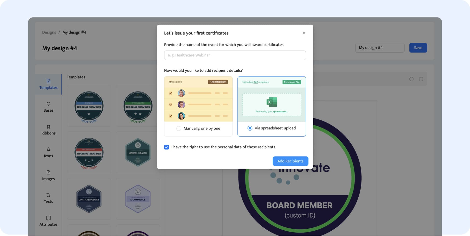 Uploading the recipients' data via the spreadsheet to generate LinkedIn badges in bulk. Uploading the recipients' data via the spreadsheet to generate LinkedIn badges in bulk.