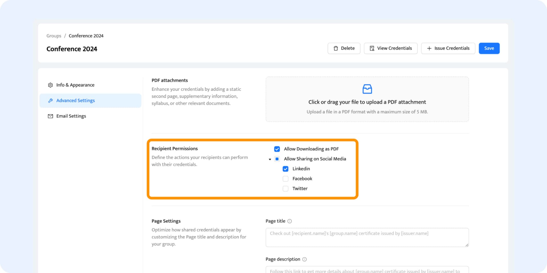 Unabling the option to download the credential in PDF or to share the credential on other social media. Unabling the option to download the credential in PDF or to share the credential on other social media.