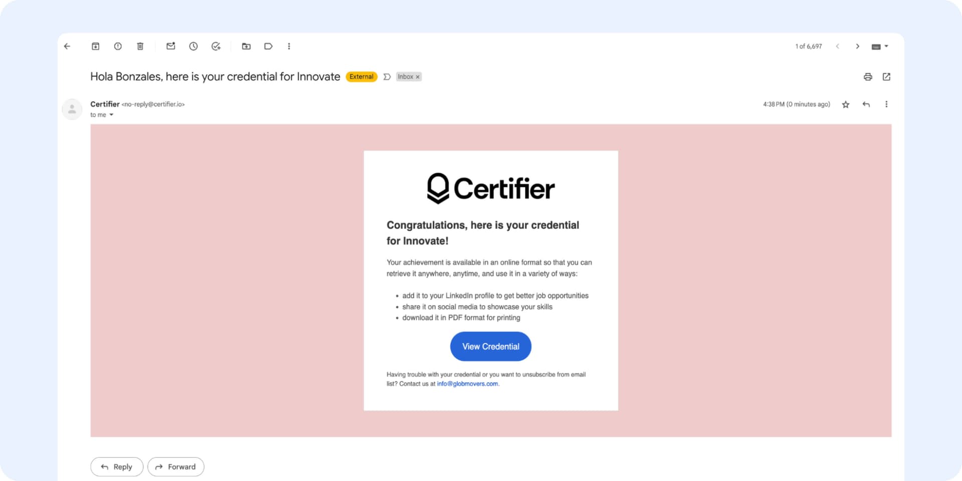 The example of the email which the recipients' get after sending the certificate. The example of the email which the recipients' get after sending the certificate.