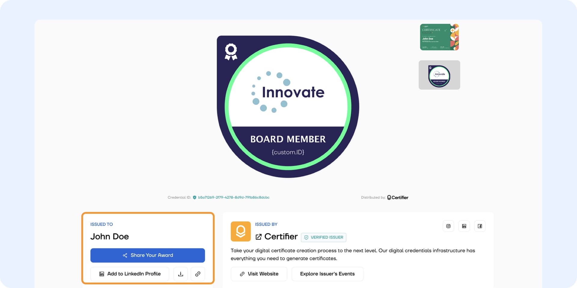 Sharing the LinkedIn digital badges via the Certifier recipient's wallet. Sharing the LinkedIn digital badges via the Certifier recipient's wallet.