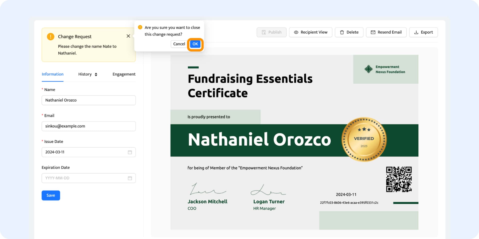 Accepting the inquiry to change the name on certificates via the Certifier platform. Accepting the inquiry to change the name on certificates via the Certifier platform.