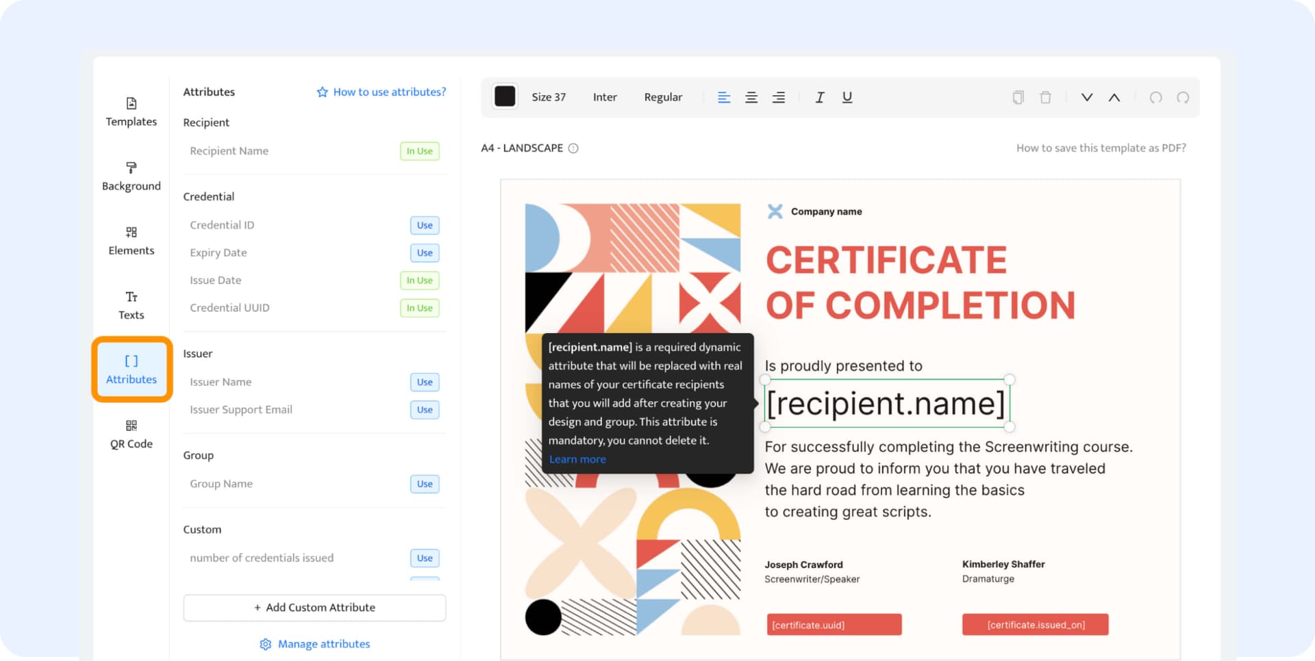 Adding dynamic attributes to the sharable certificate on social media. Adding dynamic attributes to the sharable certificate on social media.