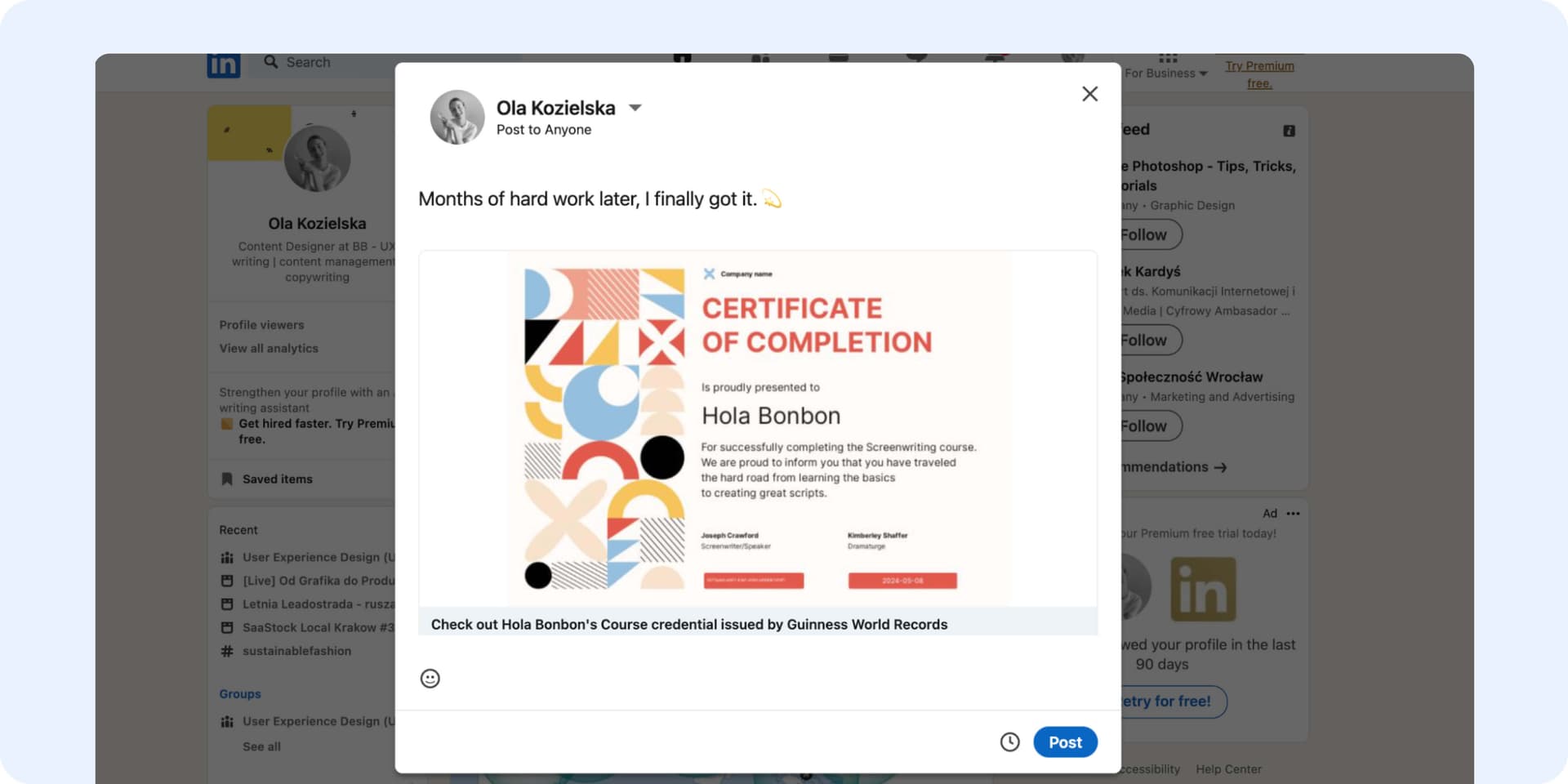 Sharing certificate as a post on LinkedIn. Sharing certificate as a post on LinkedIn.