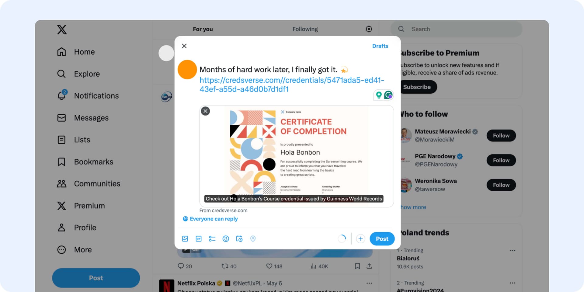 Sharing certificate and badge on X (twitter) via the social media button. Sharing certificate and badge on X (twitter) via the social media button.