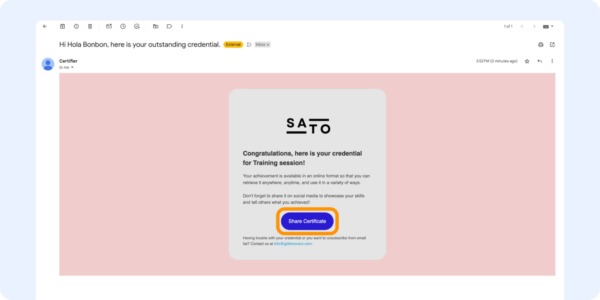 The customized email template with the button to the digital wallet with social media share buttons. The customized email template with the button to the digital wallet with social media share buttons.
