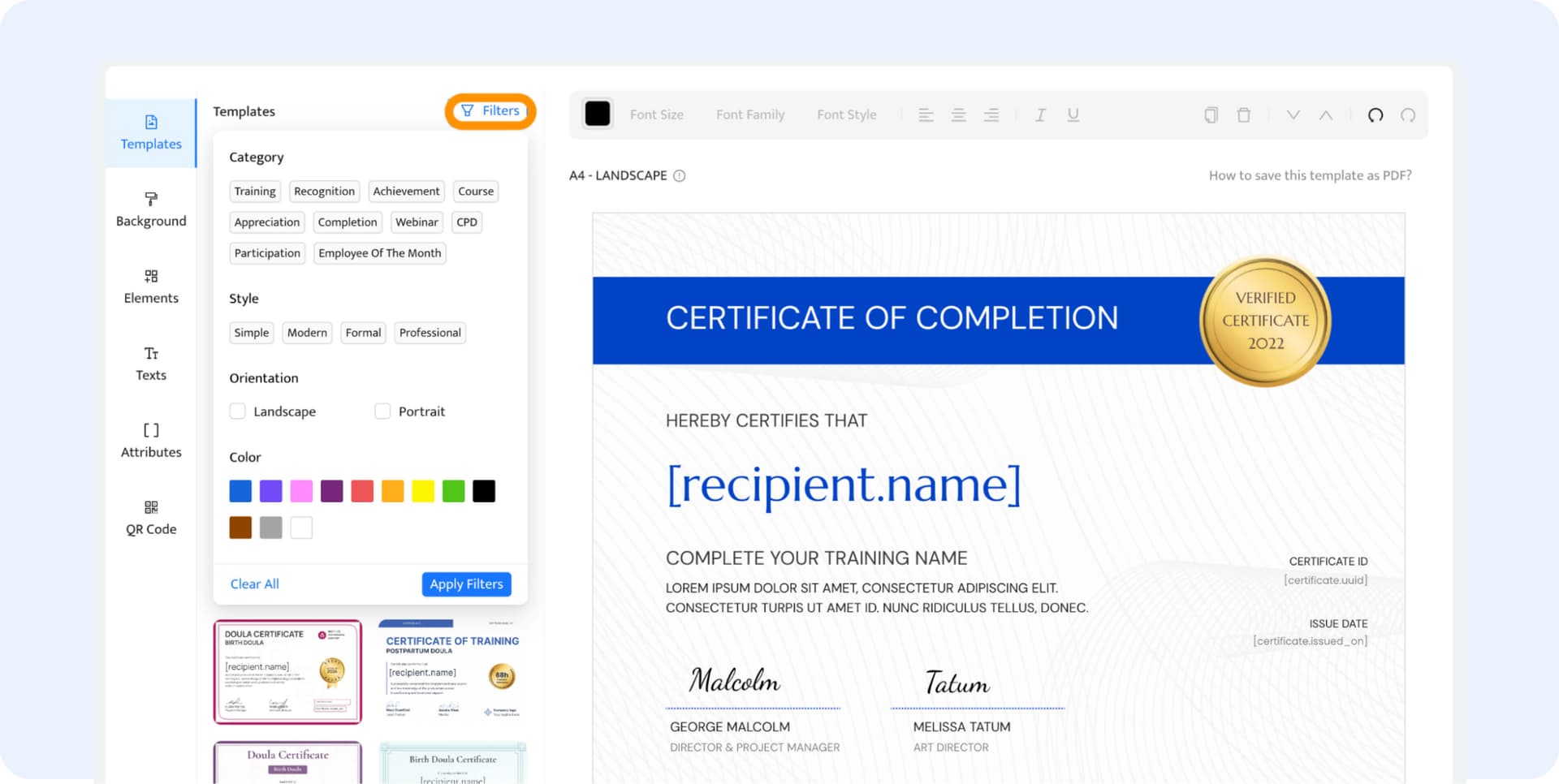 Using filters to find the perfect PDF certificate template to customize. Using filters to find the perfect PDF certificate template to customize.