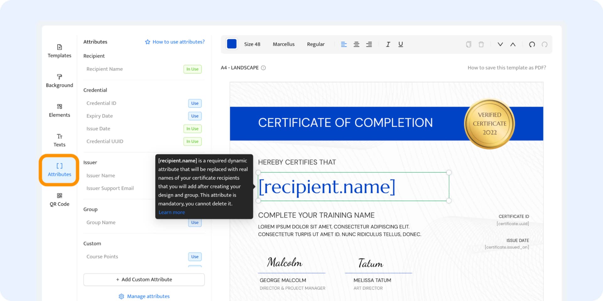 Adding dynamic attributes to the PDF certificate template to generate them in bulk. Adding dynamic attributes to the PDF certificate template to generate them in bulk.