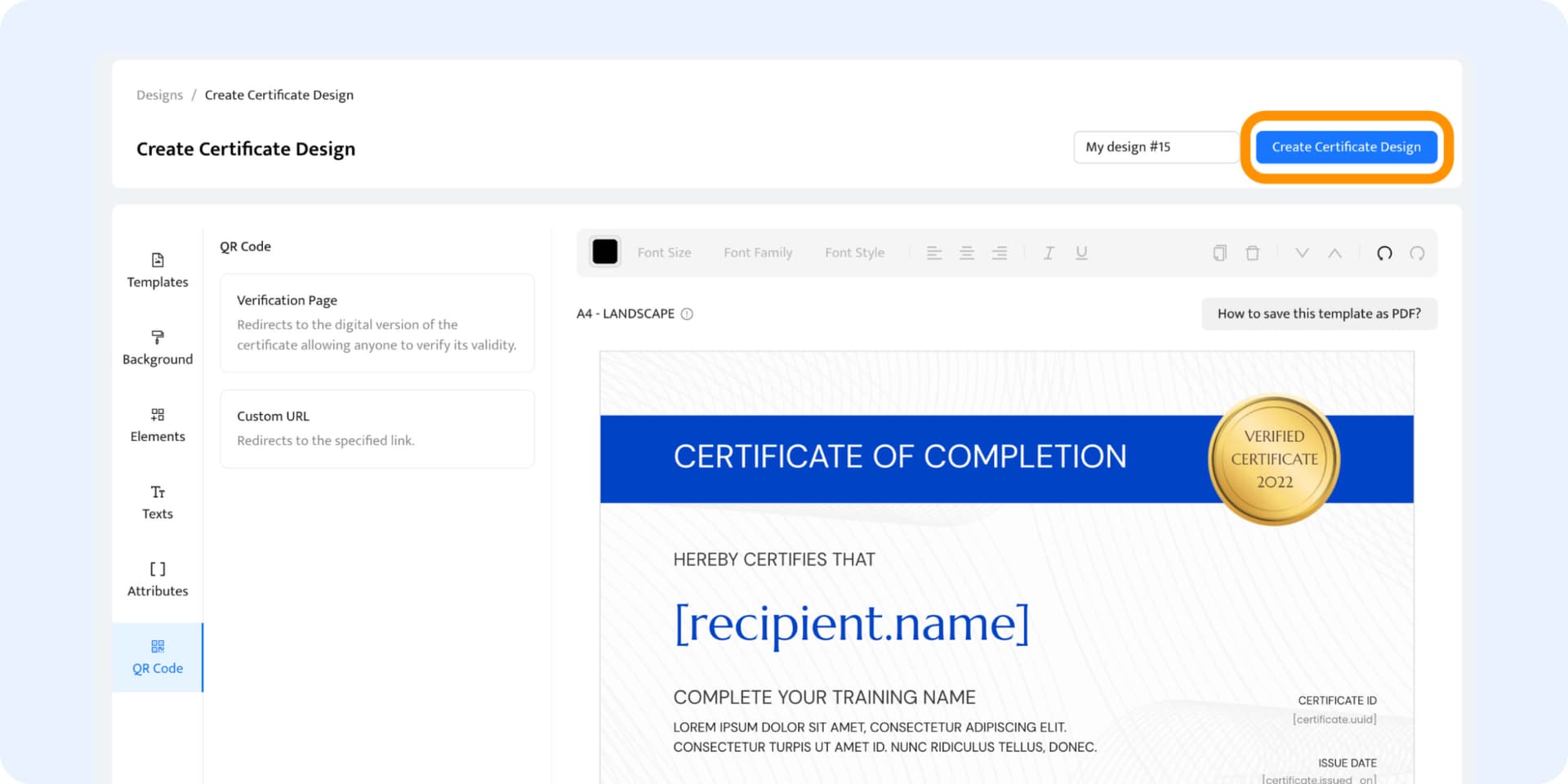 Saving the PDF certificate template design. Saving the PDF certificate template design.
