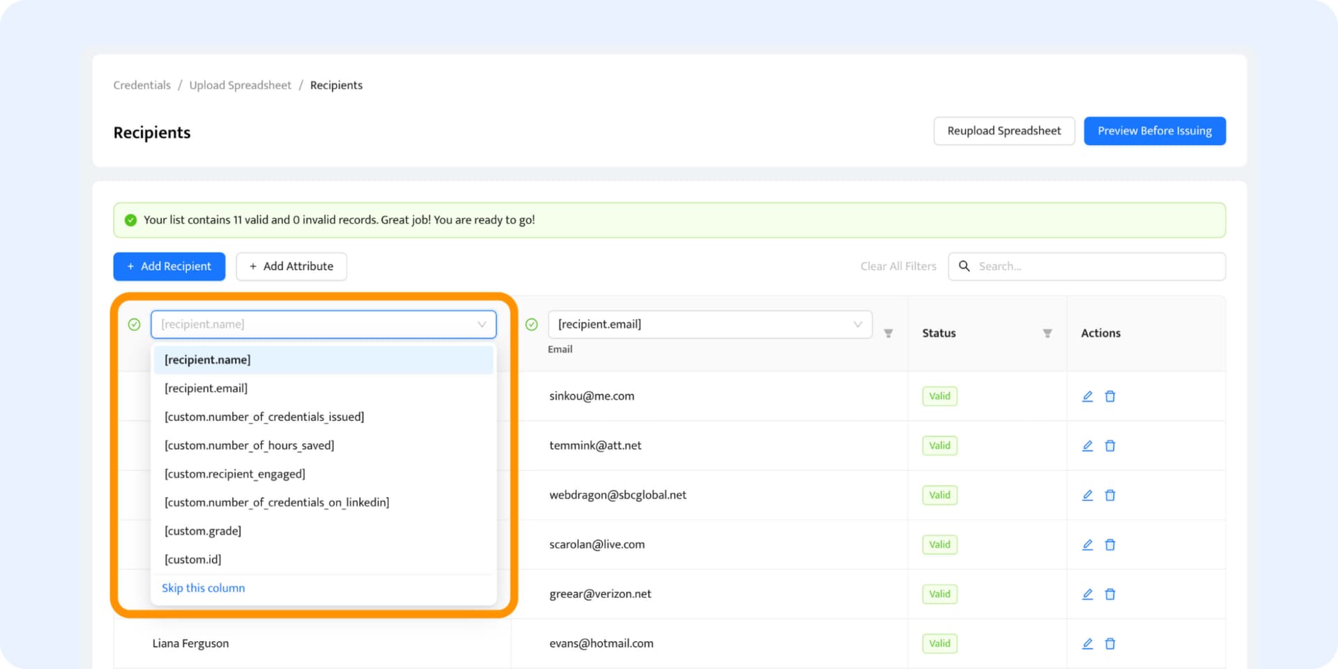 Mapping the attributes to the columns from the spreadsheet within the PDF certificate generator. Mapping the attributes to the columns from the spreadsheet within the PDF certificate generator.