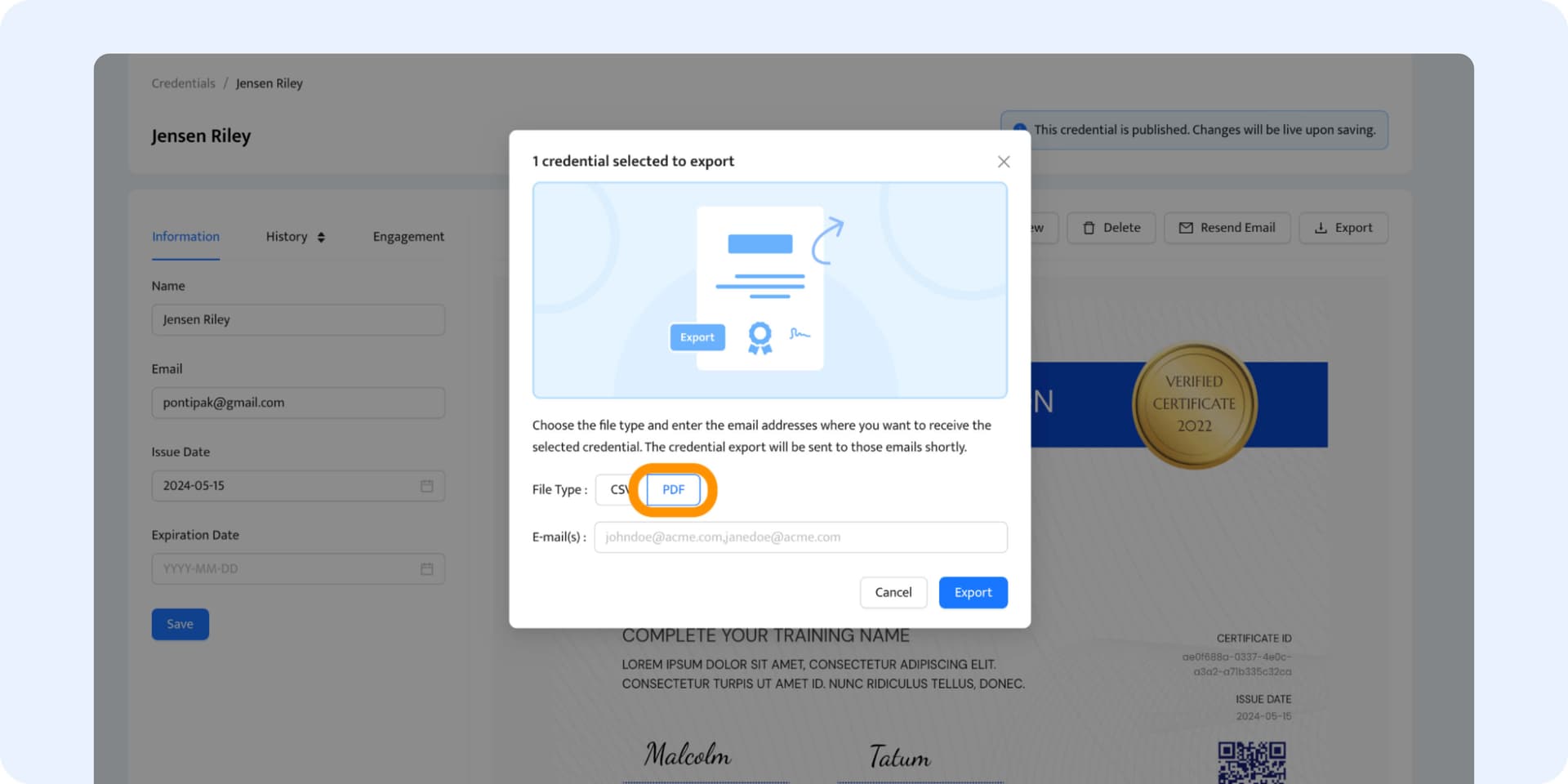 Exporting the certificate to PDF within the PDF certificate generator. Exporting the certificate to PDF within the PDF certificate generator.