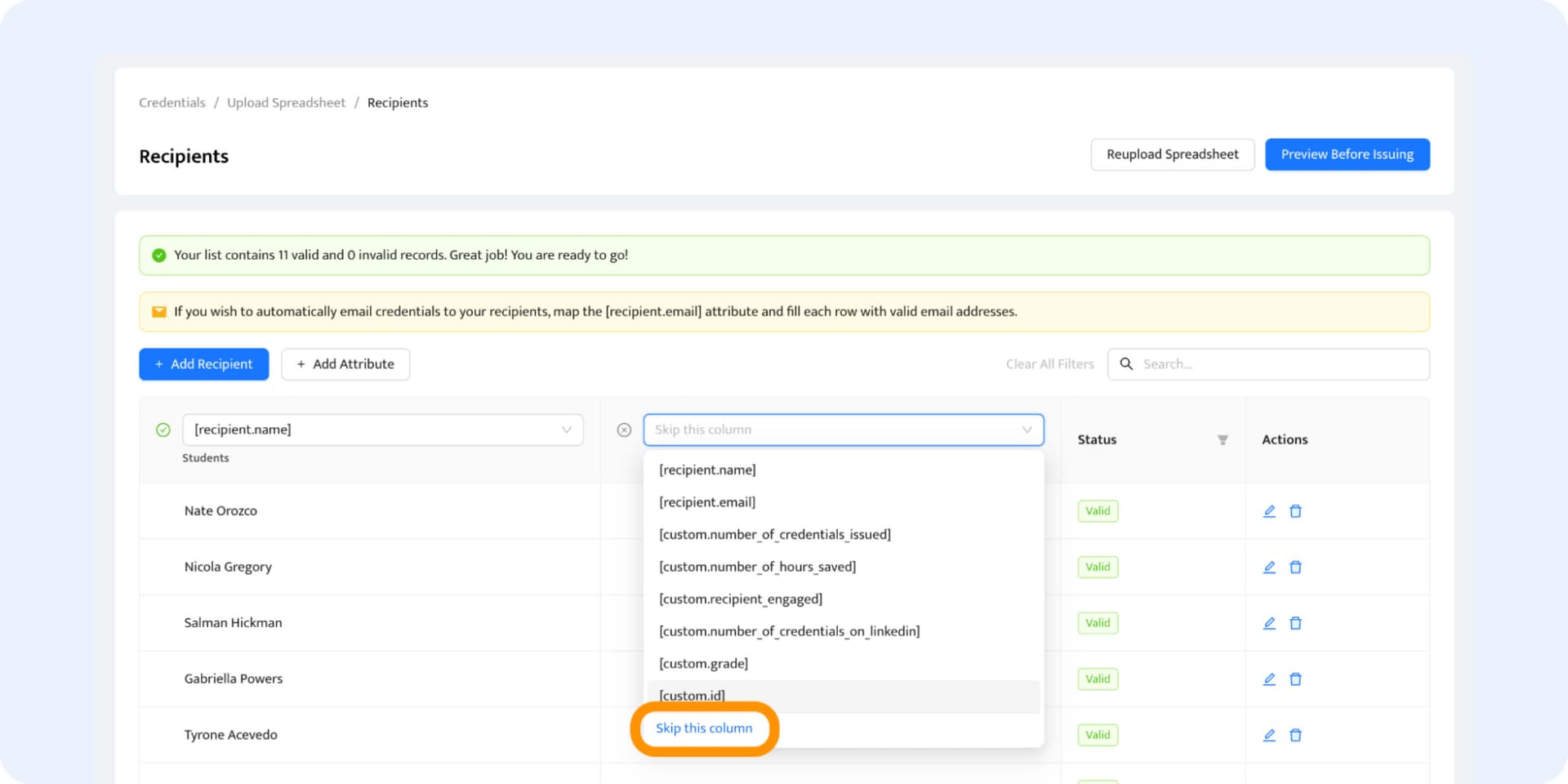 Skipping the column during the mapping process to generate PDF certificates without sending them out to emails. Skipping the column during the mapping process to generate PDF certificates without sending them out to emails.