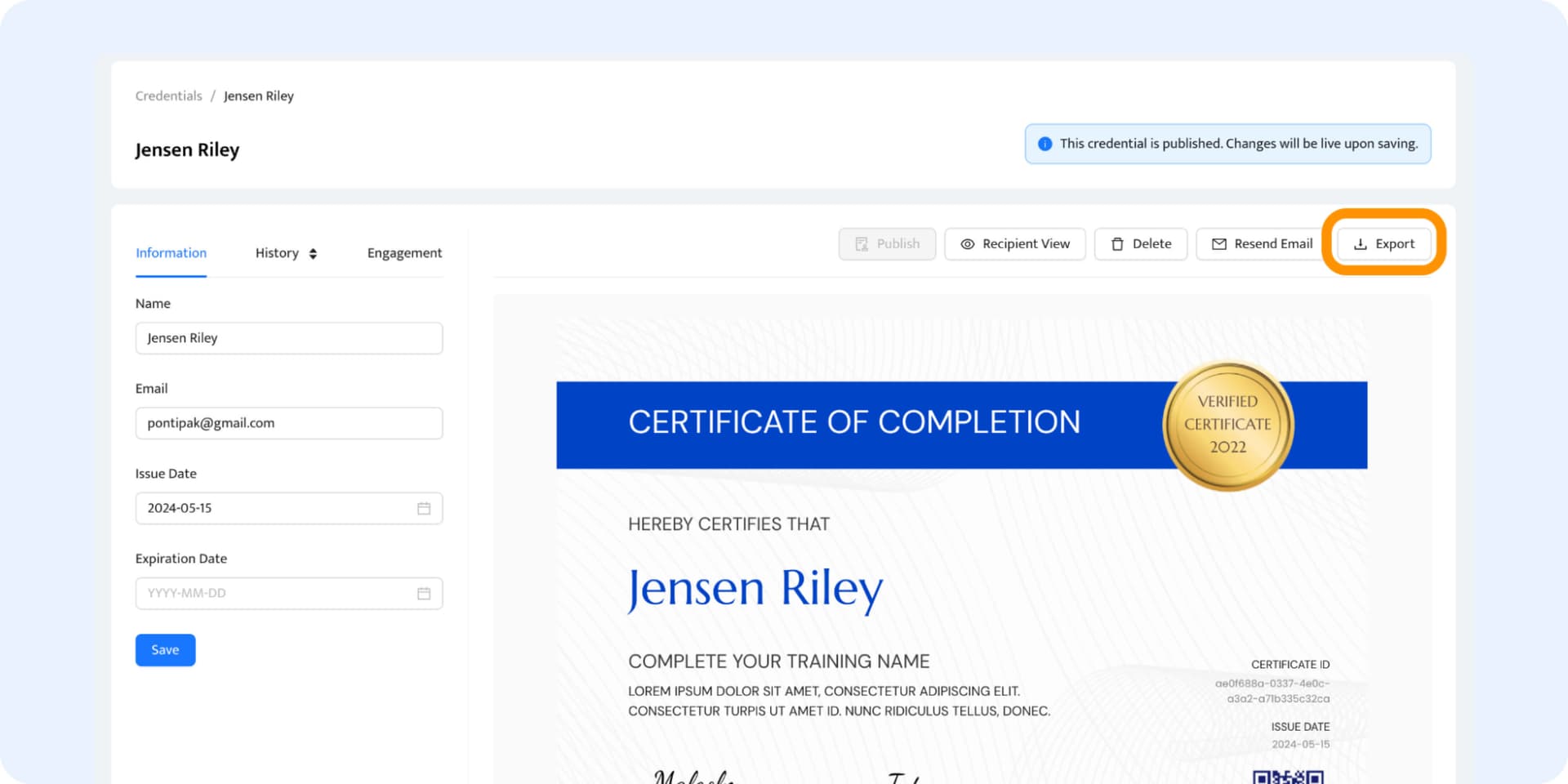 Exporting the PDF certificate from the recipient's wallet. Exporting the PDF certificate from the recipient's wallet.