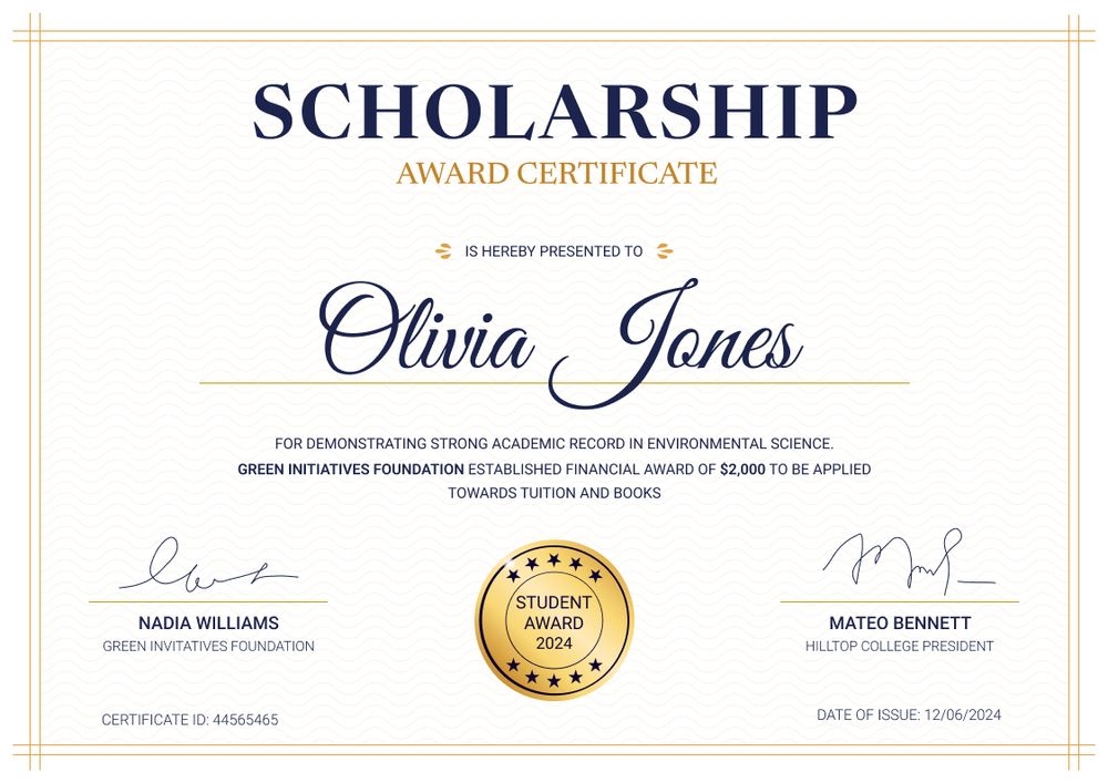 Graceful and formal scholarship certificate template landscape Graceful and formal scholarship certificate template landscape