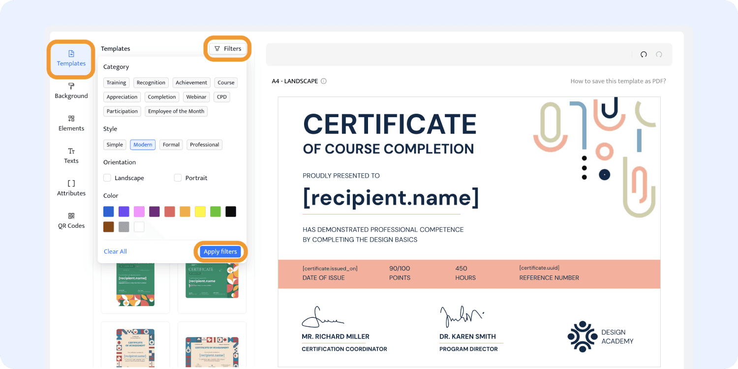 Choosing the certificate with logo template within the Certifier builder. Choosing the certificate with logo template within the Certifier builder.