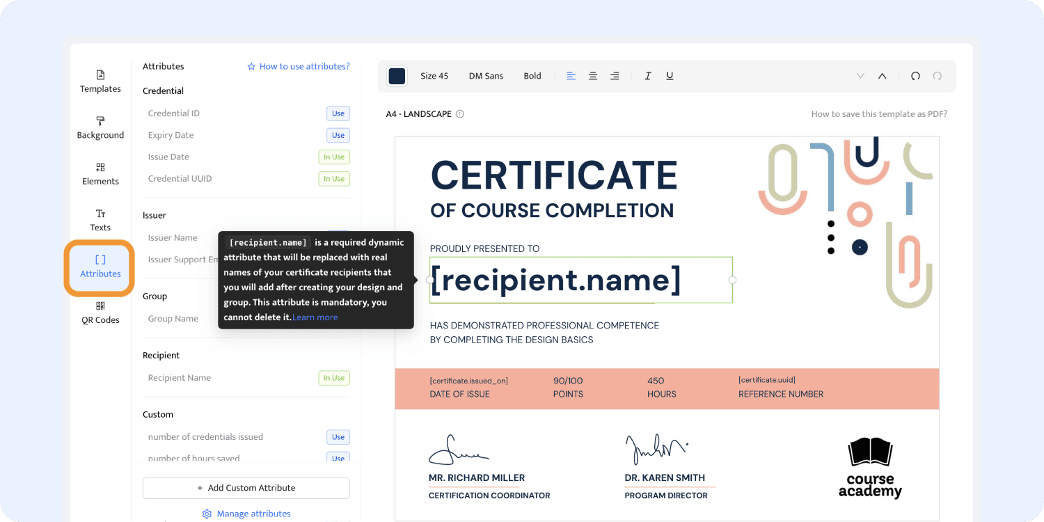 Adding attributes to the certificate design with logo. Adding attributes to the certificate design with logo.