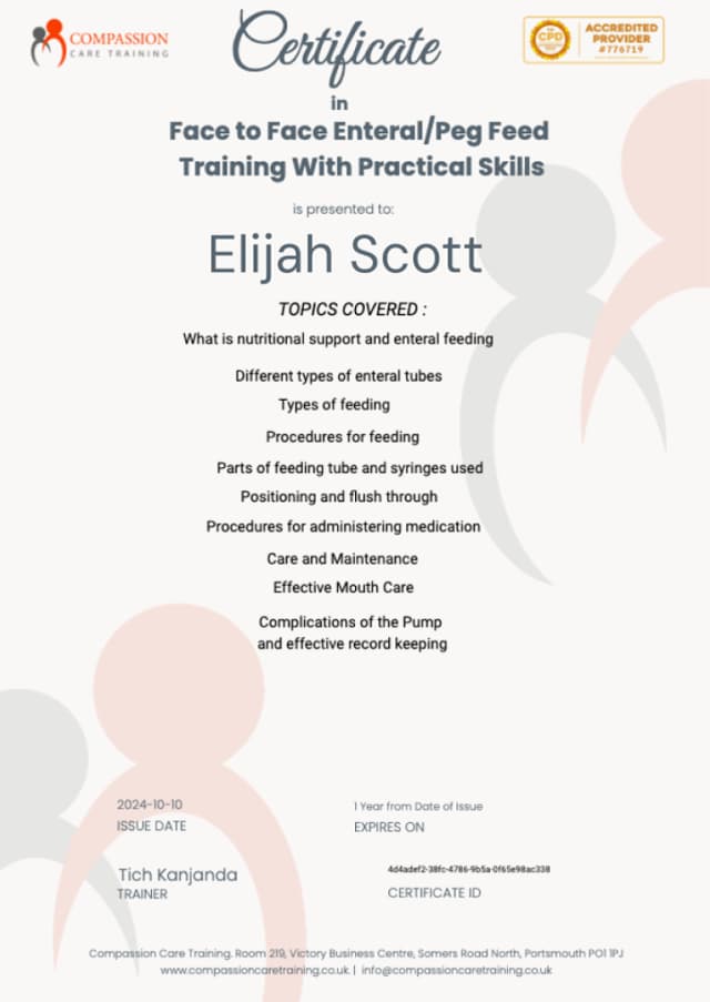 Compassion Care Training – Certificate in Face to Face Enteral/Peg Feed Training With Practical Skills Compassion Care Training – Certificate in Face to Face Enteral/Peg Feed Training With Practical Skills