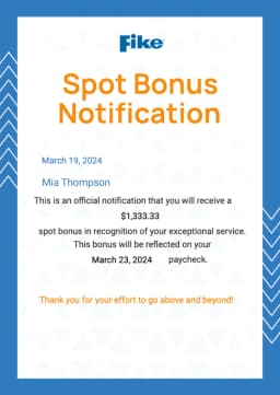 Fike – Spot Bonus Notification Fike – Spot Bonus Notification