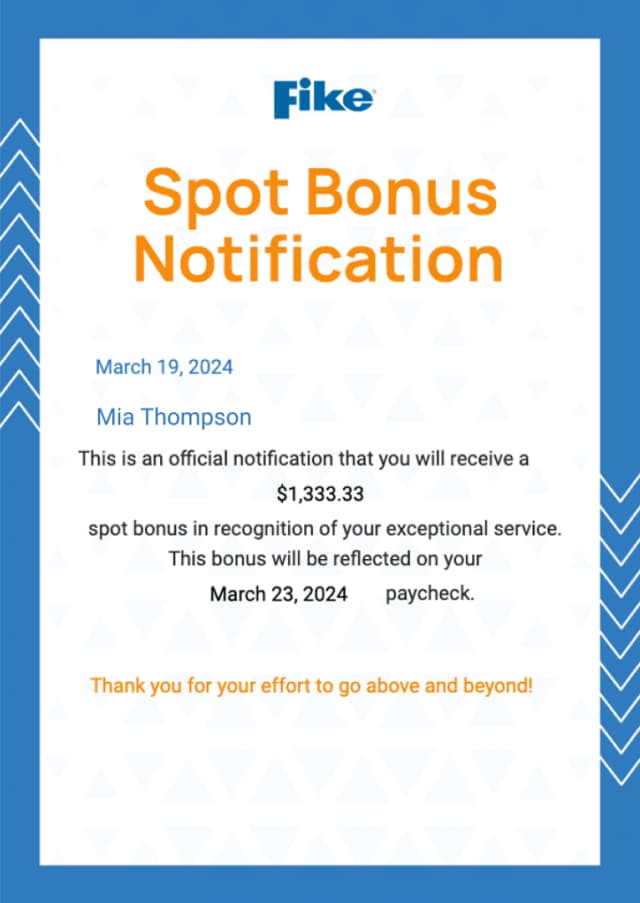 Fike – Spot Bonus Notification Fike – Spot Bonus Notification